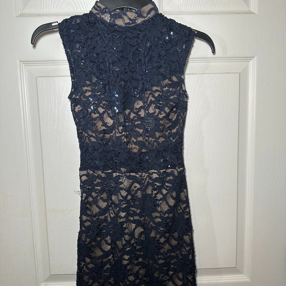 Mockneck Short Sleeve Navy Blue Lace Formal Midi Dress